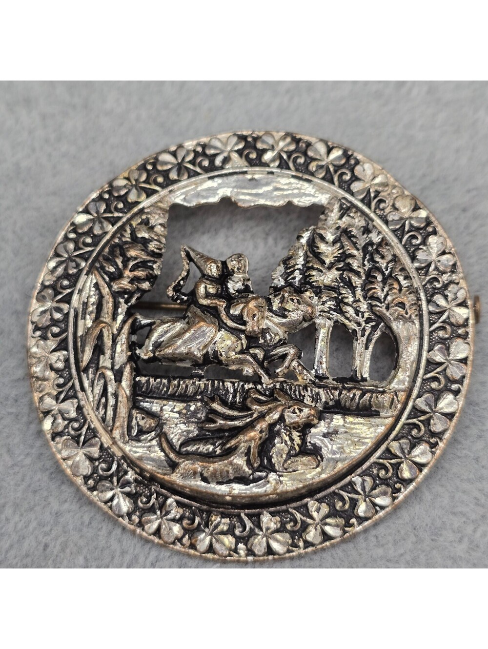 Vintage Art Nouveau Hunting Scene Brooch Openwork Princess Knight Storybook Pin